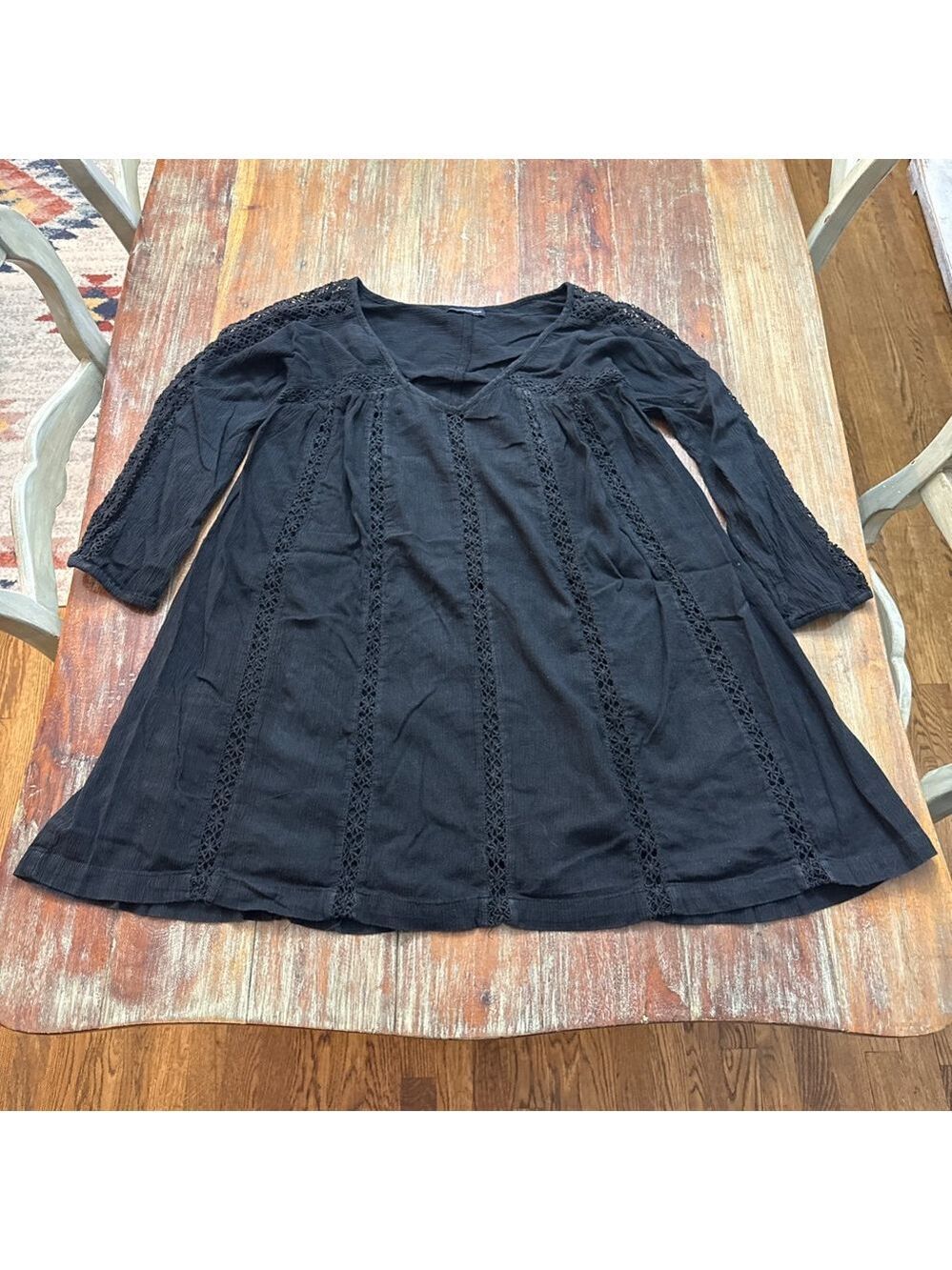 American Eagle Black Crochet Lace Panel Mini Dress - Boho Cottagecore - Small